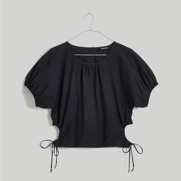 Madewell Embroidered Poplin Puff-Sleeve Cutout Crop Top in True Black NWT - Picture 1 of 12